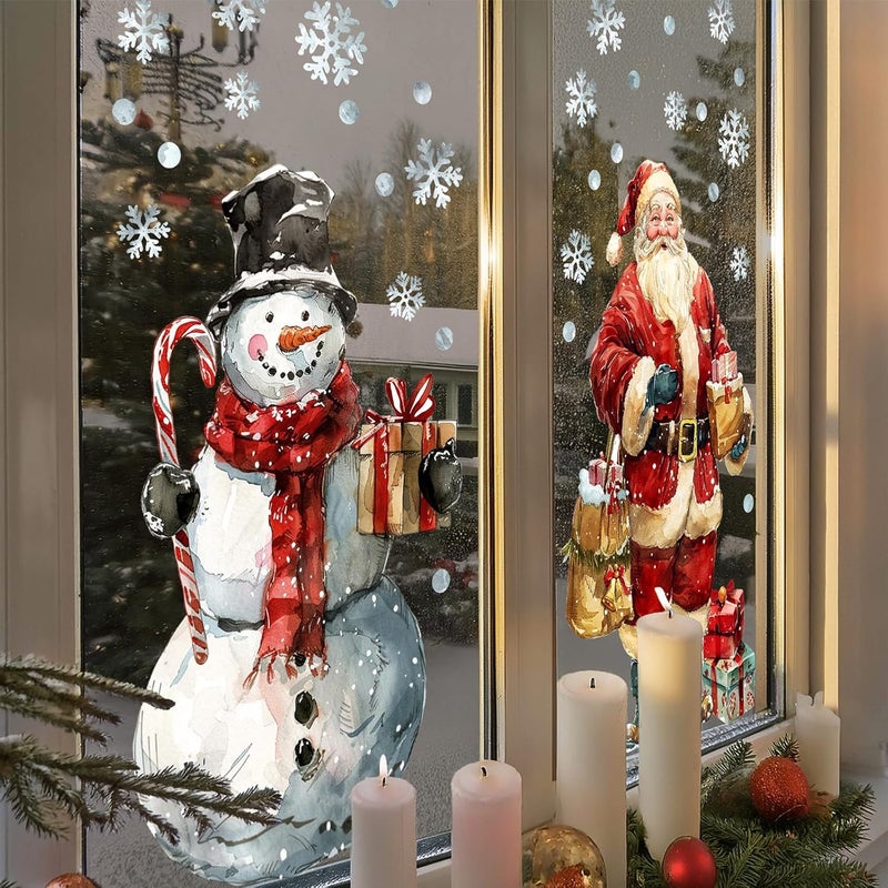 Ivenf Christmas Window Clings Decorations: 2 Sheets Extra Large Santa Claus Snowman Window Clings with Snowflakes, Watercolor Rustic Xmas Stickers for Kids Home Office School Winter Holiday Décor - Image 5